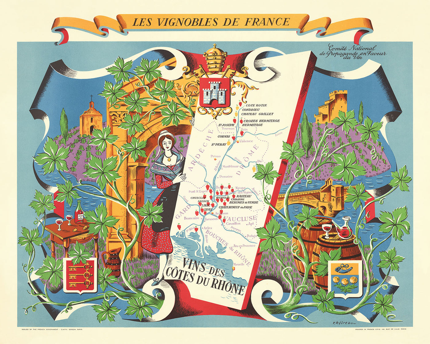 Mapa ilustrado antiguo de la región de la Costa del Ródano realizado por Hetreau en 1954: Lyon, Aviñón, río Ródano, viñedos y castillos