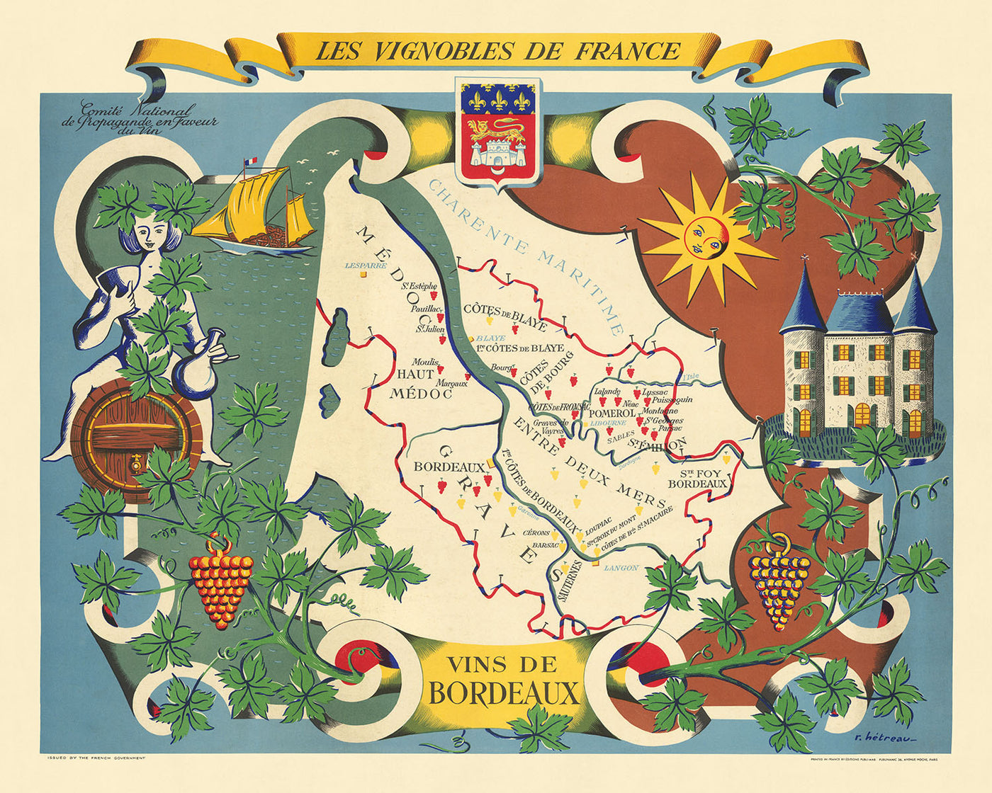 Alte Bildkarte von Bordeaux von Hetreau, 1954: Bordeaux, Saint-Émilion, Pomerol, Médoc, Garonne