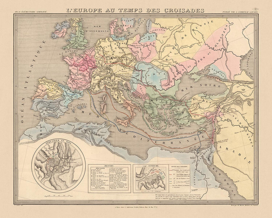 Mappa antica delle Crociate in Europa e in Medio Oriente, 1838: Itinerari, Antiochia, Gerusalemme, Costantinopoli, Terra Santa 