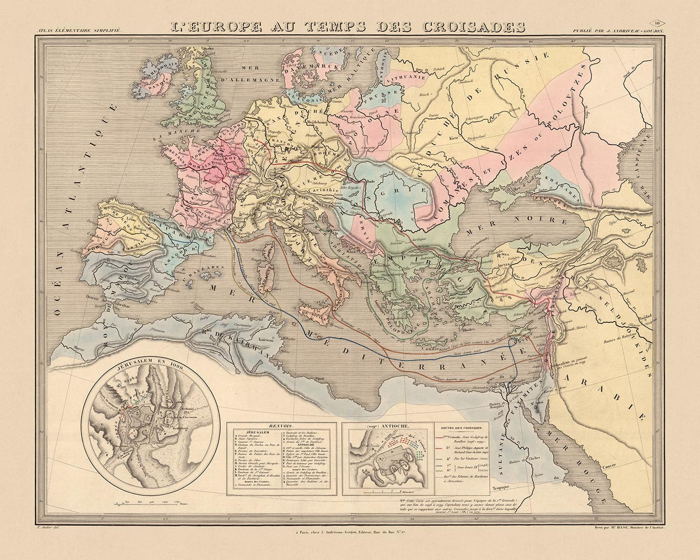 Old Map of the Crusades in Europe and the Middle East, 1838: Routes, Antioch, Jerusalem, Constantinople, Holy Land