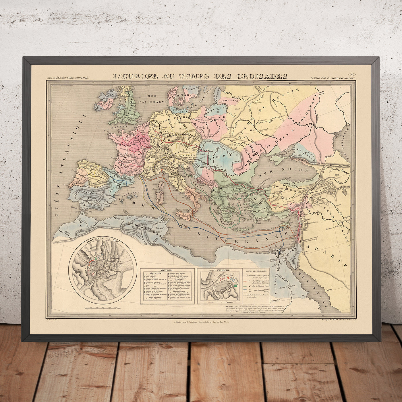 Old Map of the Crusades in Europe and the Middle East, 1838: Routes, Antioch, Jerusalem, Constantinople, Holy Land