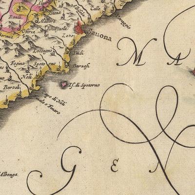 Old Map of Liguria & Republic of Genoa by Visscher, 1690: La Spezia, Nice, Turin, Sanremo, Maritime Alps Natural Park
