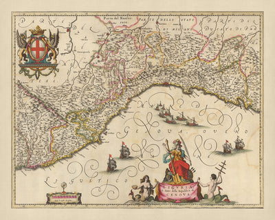 Ancienne carte de la Ligurie et de la République de Gênes par Visscher, 1690 : La Spezia, Nice, Turin, Sanremo, Parc Naturel des Alpes Maritimes