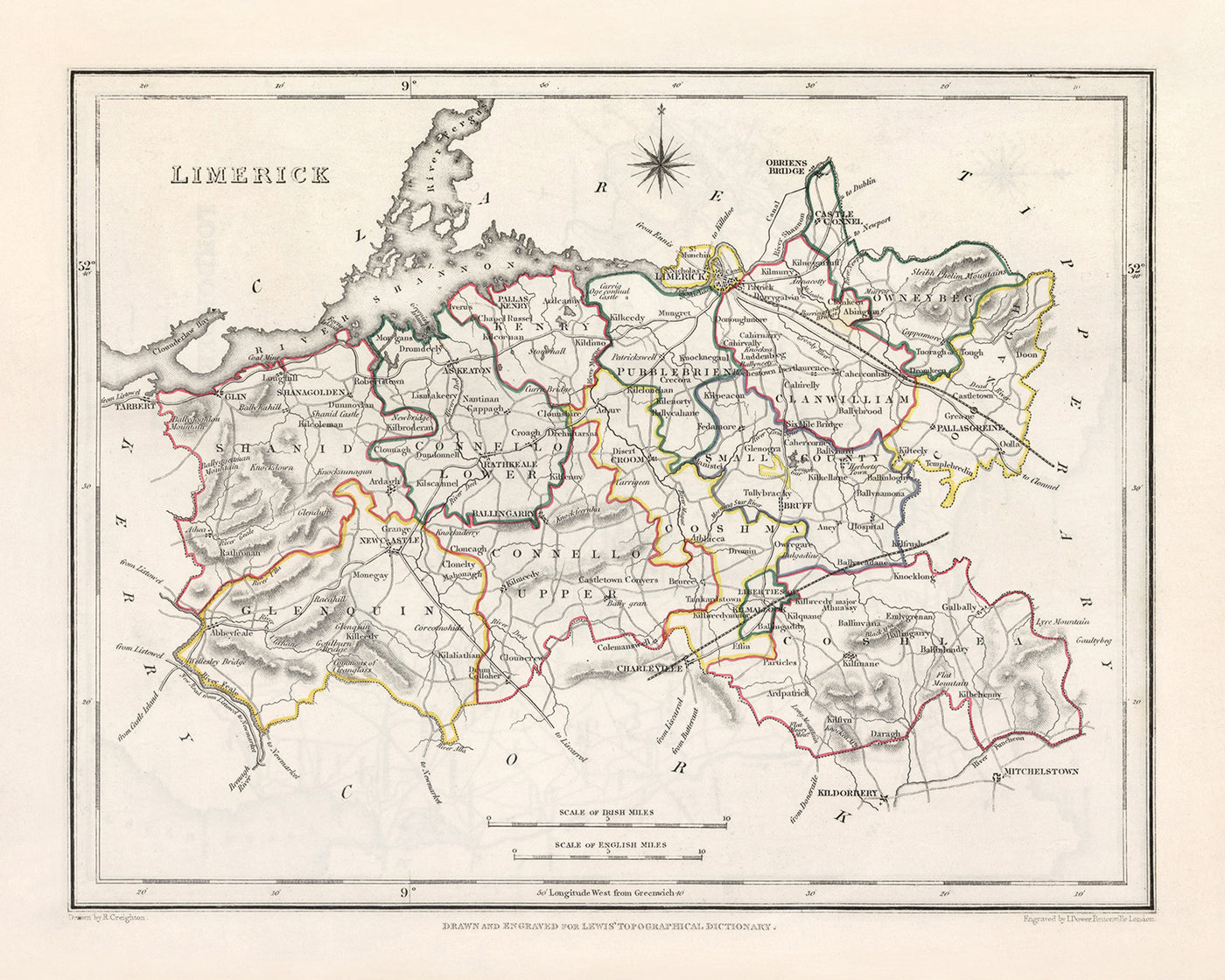 Alte Karte der Grafschaft Limerick von Samuel Lewis, 1844: Adare, Askeaton, Bruree, Croom, Kilmallock