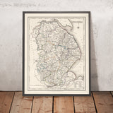 Mapa antiguo de Lincolnshire por Samuel Lewis, 1844: Boston, Grimsby, Spalding, Stamford, Louth