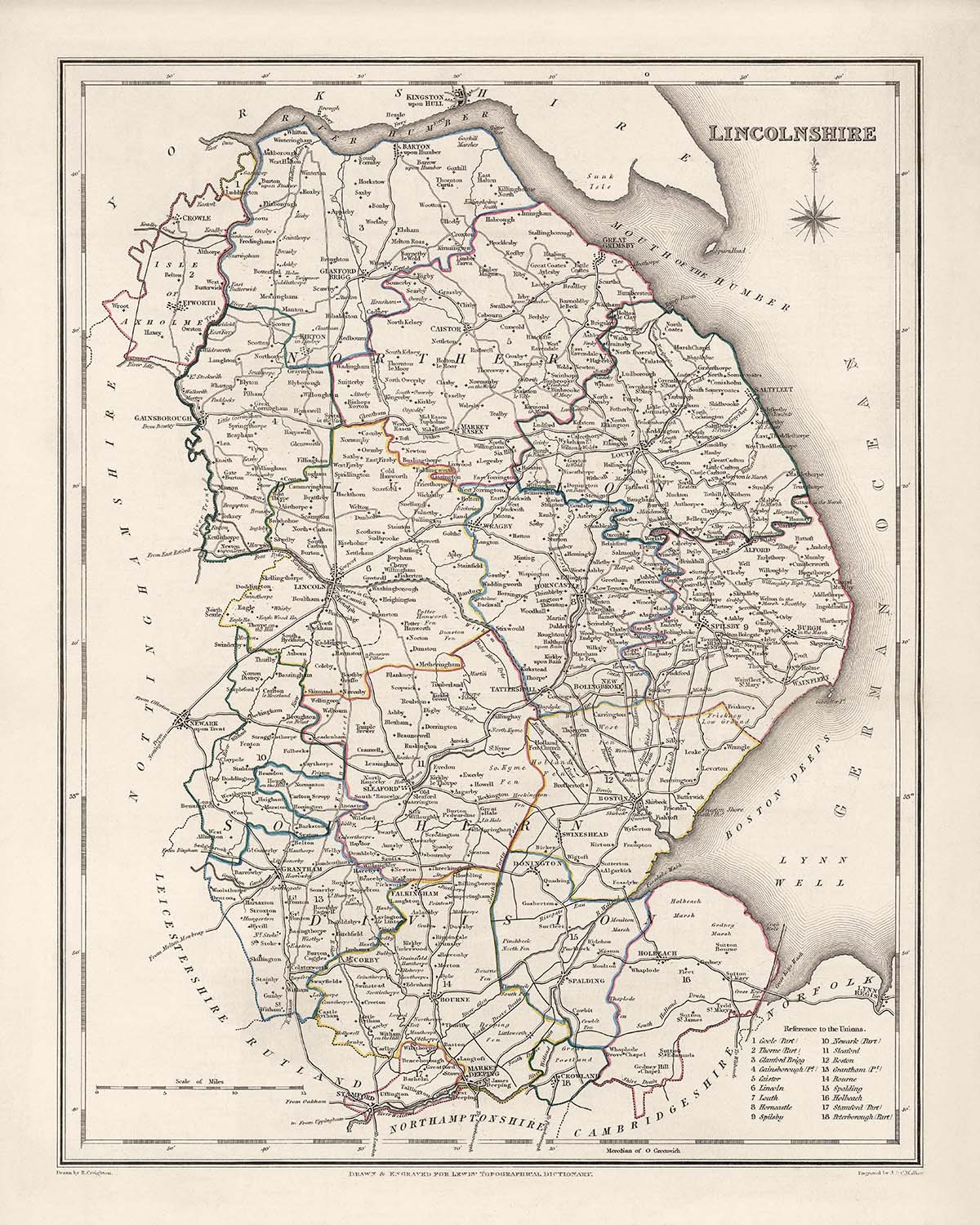 Old Map of Lincolnshire by Samuel Lewis, 1844: Boston, Grimsby, Spalding, Stamford, Louth