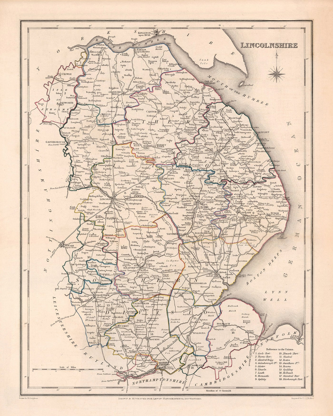 Old Map of Lincolnshire by Samuel Lewis, 1844: Boston, Grimsby, Spalding, Stamford, Louth