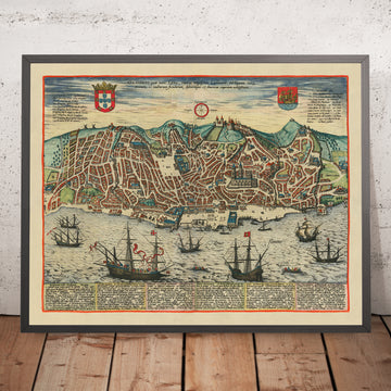 Mappa antica di Lisbona di Braun, 1596: Castelo de São Jorge, Cattedrale Se, Baixa, Bairro Alto, Fiume Tago 