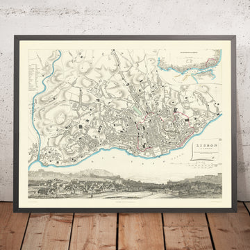 Old Map of Lisbon by SDUK, 1870: Alfama, Bairro Alto, Castello de S. Jorge, Estrella Basilica, Tagus River