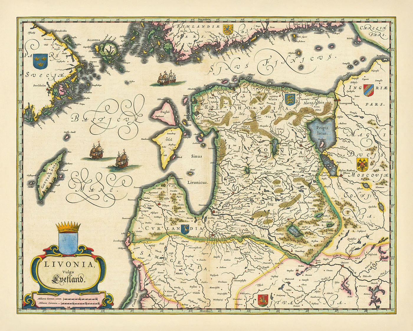 Alte Karte der Ostsee von Blaeu, 1644: Stockholm, Helsinki, Riga, Tallinn, Vilnius 