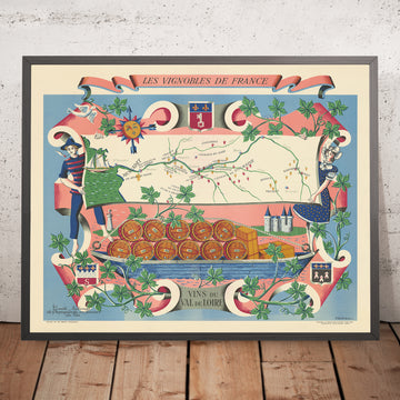 Mappa del vino antico della Valle della Loira di Hetreau, 1954: Nantes, Tours, Angers, Fiume, Vigneti 