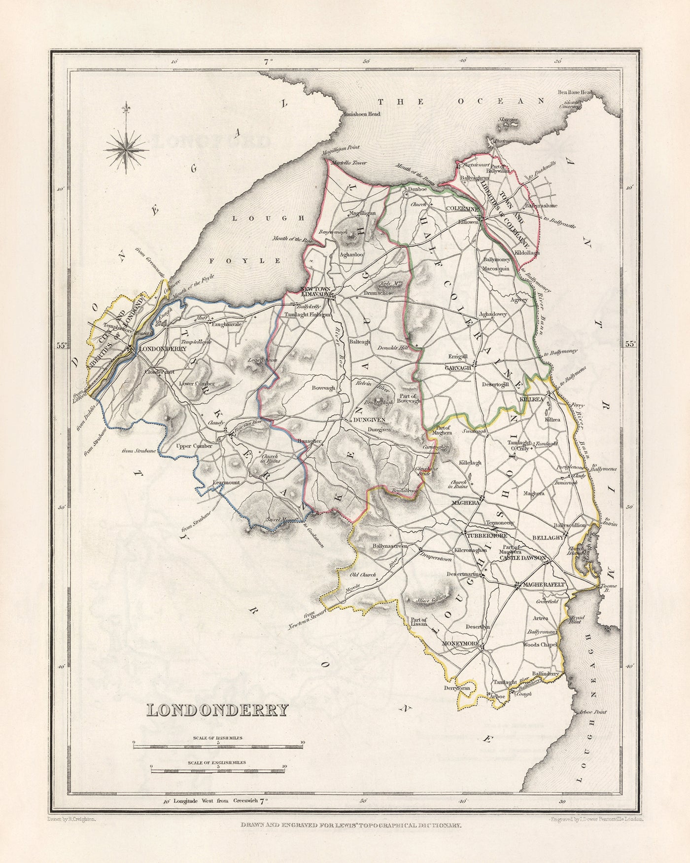 Old Map of County Londonderry by Samuel Lewis, 1844: Coleraine, Limavady, Magherafelt, Portstewart, and The Sperrin Mountains
