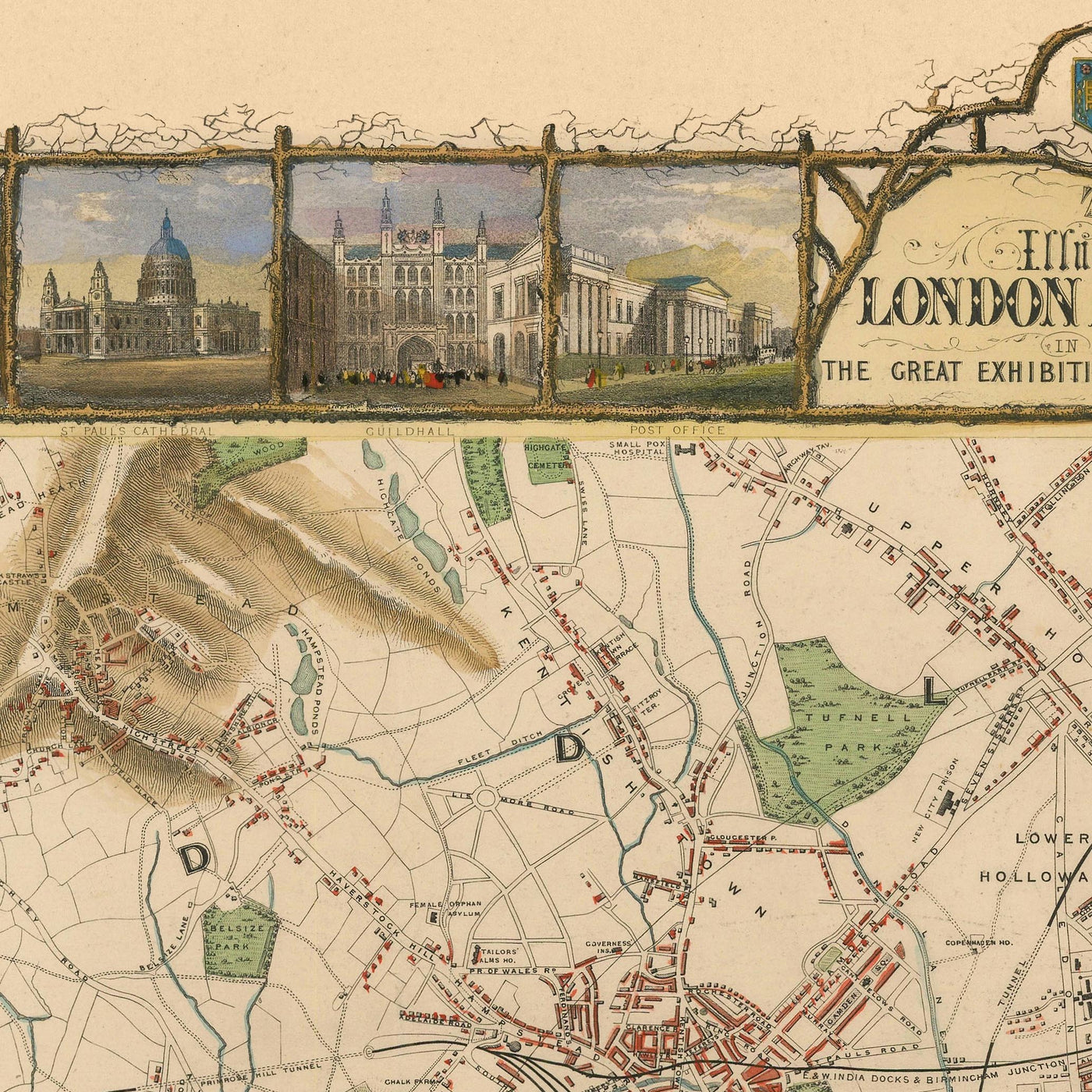 Rare Old Illustrated Map of London by Tallis, 1851 with 50 City Views