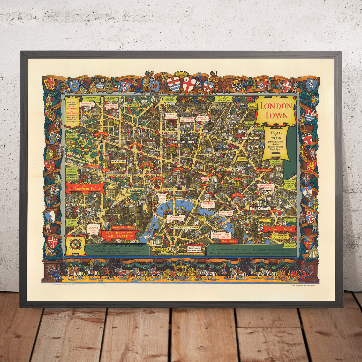 Old Pictorial Map of London Town by British Railways & Kerry Lee, 1953: Tower of London, Parliament, Buckingham Palace, St. Paul's Cathedral