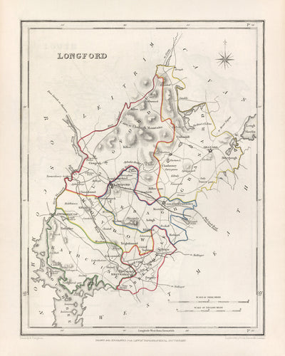 Ancienne carte du comté de Longford par Samuel Lewis, 1844 : Ballymahon, Edgeworthstown, Granard, Abbeyshrule, River Shannon