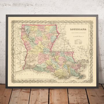 Old Map of Louisiana by J.H. Colton, 1855: New Orleans, Baton Rouge, Shreveport, Lafayette, Lake Charles