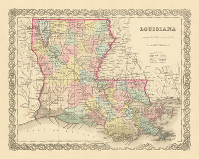 Old Map of Louisiana by J.H. Colton, 1855: New Orleans, Baton Rouge, Shreveport, Lafayette, Lake Charles