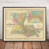 Ancienne carte de la Louisiane par Tanner, 1843 : La Nouvelle-Orléans, Baton Rouge, le lac Pontchartrain, le delta du fleuve Mississippi et le golfe du Mexique