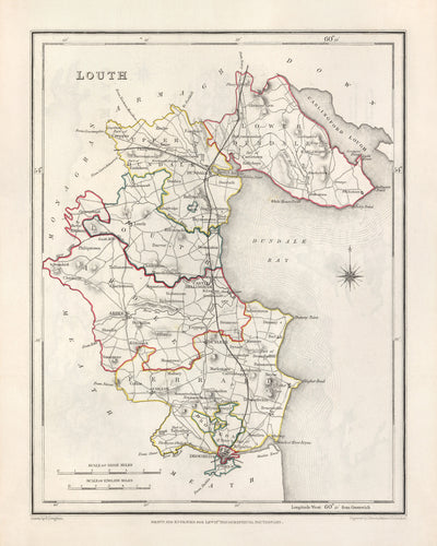 Ancienne carte du comté de Louth par Samuel Lewis, 1844 : Dundalk, Drogheda, Ardee, Carlingford, péninsule de Cooley