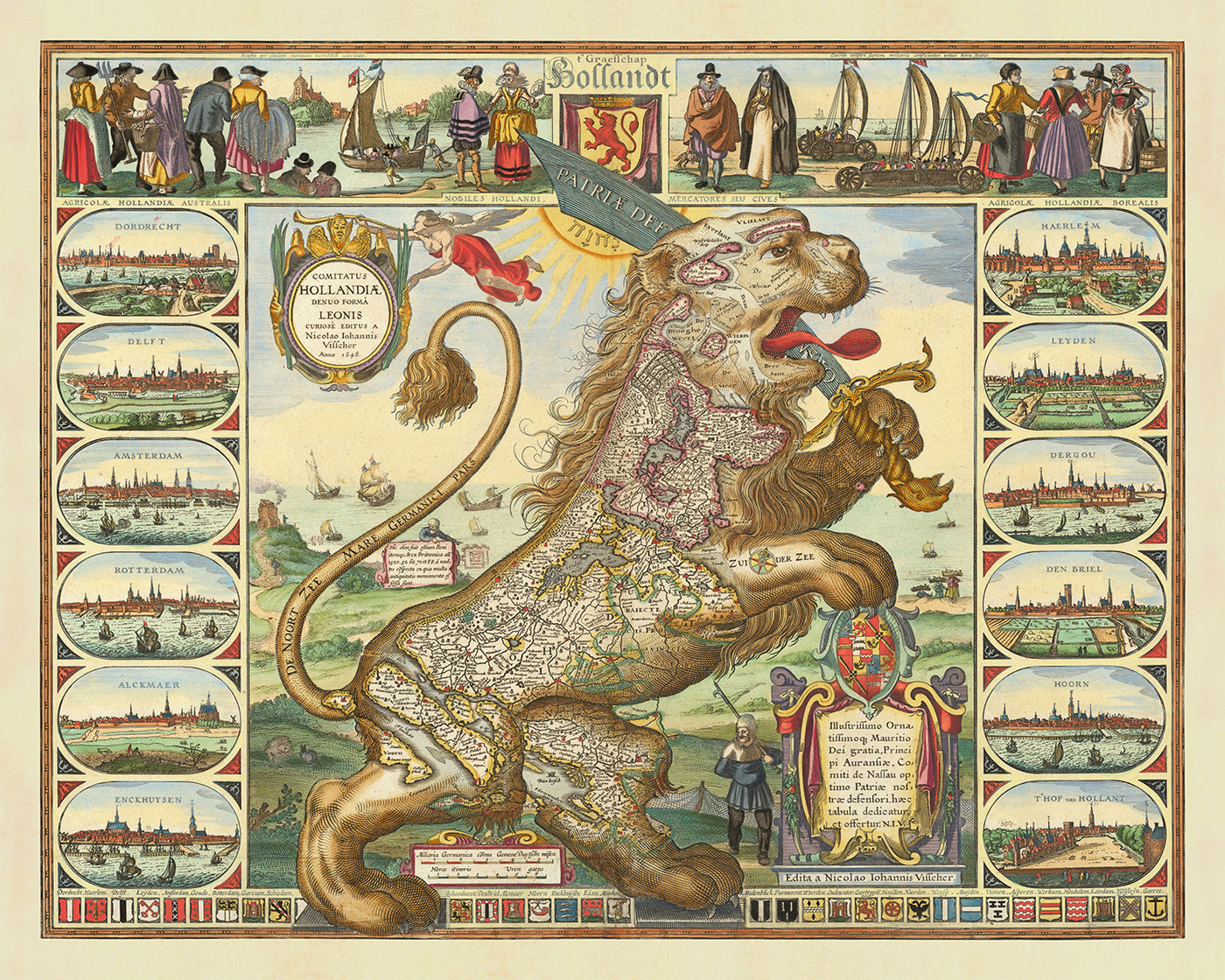Old Map of Leo Belgicus (Low Countries Lion) by Visscher, 1648: Amsterdam, Rotterdam, Antwerp, Brussels, Ghent