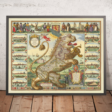 Old Map of Leo Belgicus (Low Countries Lion) by Visscher, 1648: Amsterdam, Rotterdam, Antwerp, Brussels, Ghent
