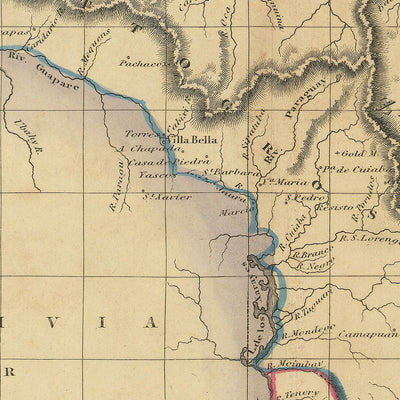 Mapa antiguo de América del Sur de Lizars, 1838: río Amazonas, Río de Janeiro, Lima, montañas, fronteras