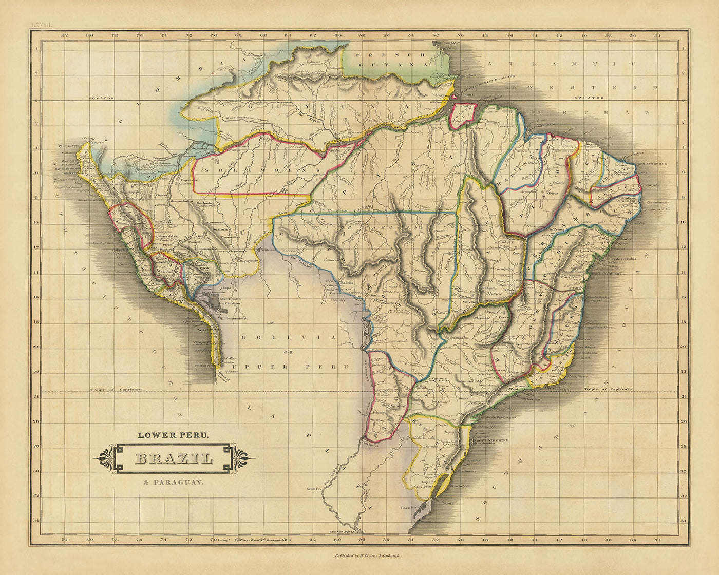 Ancienne carte de l'Amérique du Sud par Lizars, 1838 : fleuve Amazone, Rio de Janeiro, Lima, montagnes, frontières