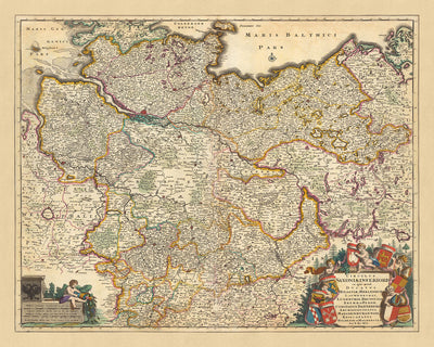 Old Map of Lower Saxony by Visscher, 1690: Hamburg, Berlin, Bremen, Hanover, Mecklenburg Elbe Valley