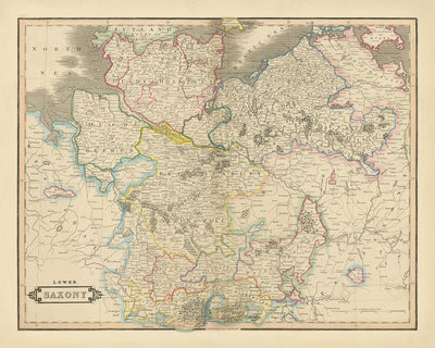 Alte Karte von Niedersachsen von Lizars, 1828: Berlin, Hannover, Elbe, Harz, Nordsee