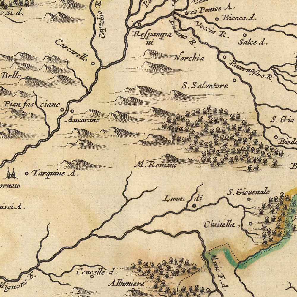 Mapa antiguo de la Baja Toscana de Visscher, 1690: Viterbo, Roma, Orvieto, Civitavecchia, Parco Bracciano Martignano