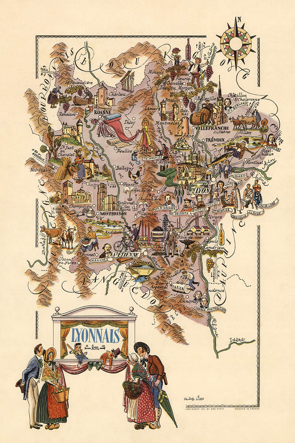 Alte Bildkarte des Lyonnais von Liozu, 1951: Lyon, Saint-Étienne, Weinberge, Burgen, Flüsse