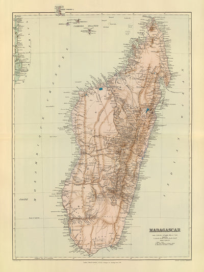 Ancienne carte de Madagascar par Edward Stanford 1901 : Antananarivo, Diego Suarez, Tamatave, Majunga, Fort Dauphin