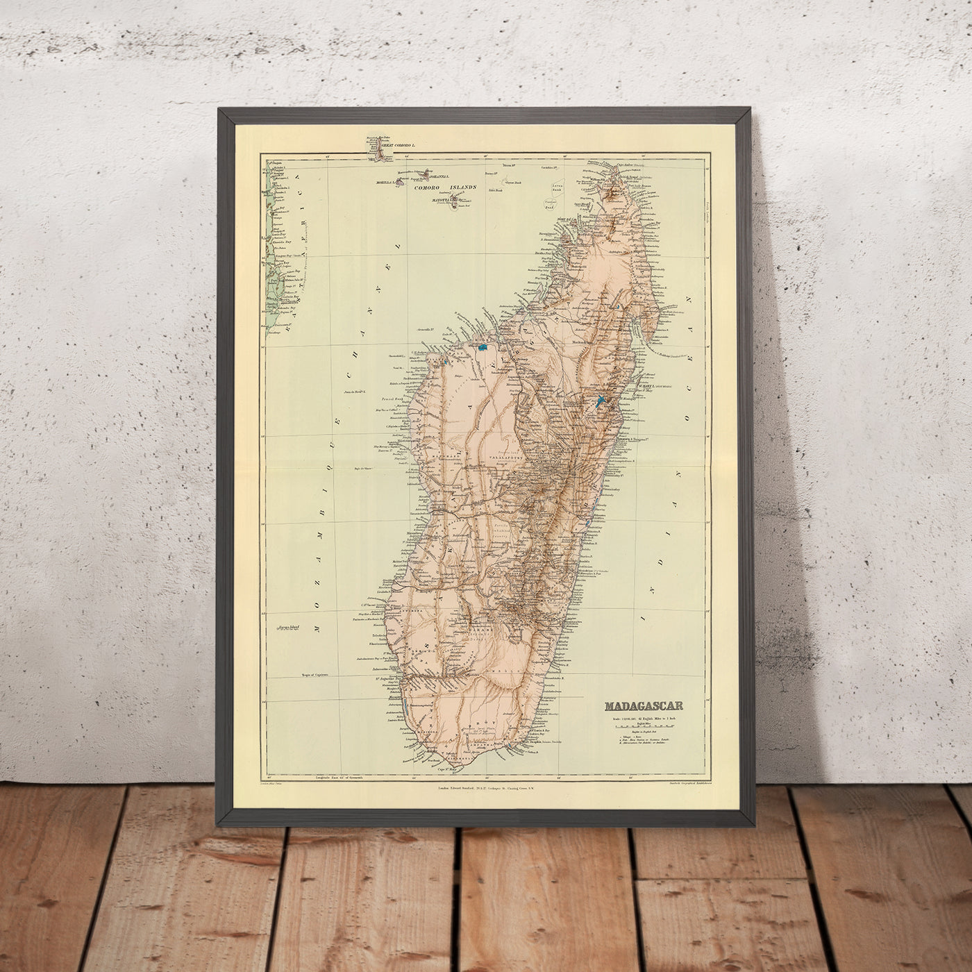 Old Map of Madagascar by Edward Stanford 1901: Antananarivo, Diego Suarez, Tamatave, Majunga, Fort Dauphin