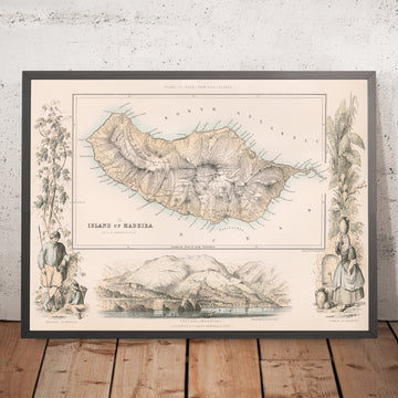 Mapa antiguo de Madeira por Fullarton, 1865: Funchal, Pico Ruivo, Bahía de Funchal, Viñetas, Topografía