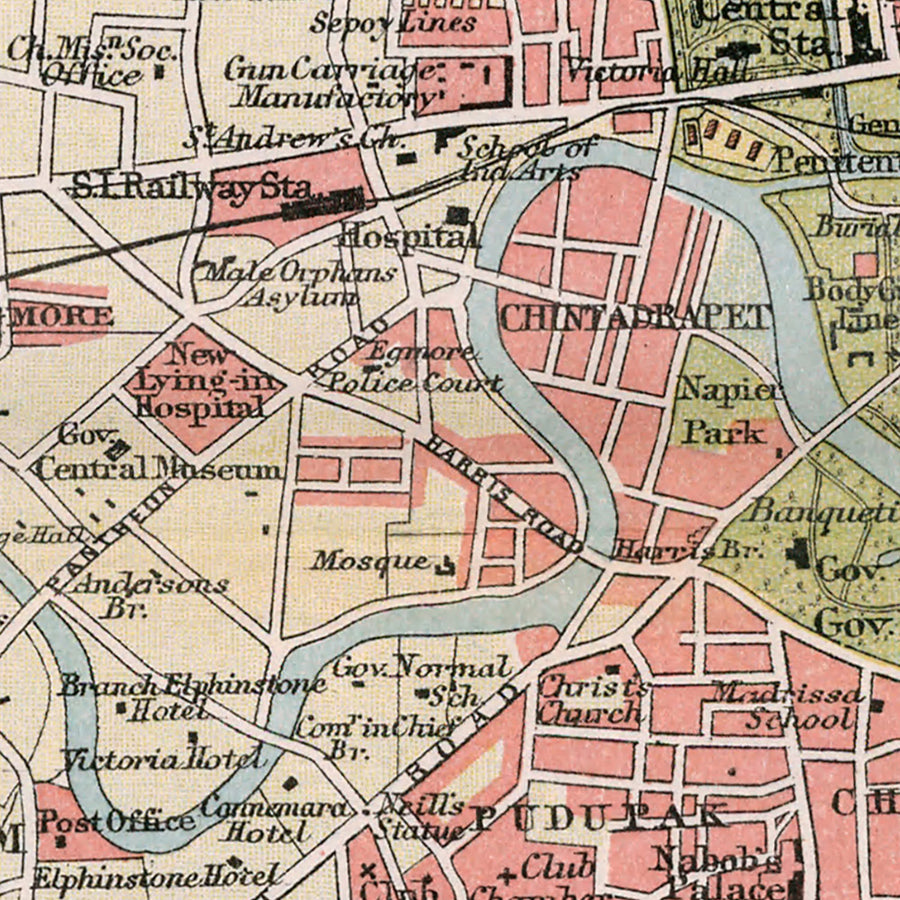 Vecchia mappa di Madras (Chennai), 1893: Centro città, Forte St. George, Spiaggia Marina, Tempio di Mylapore 