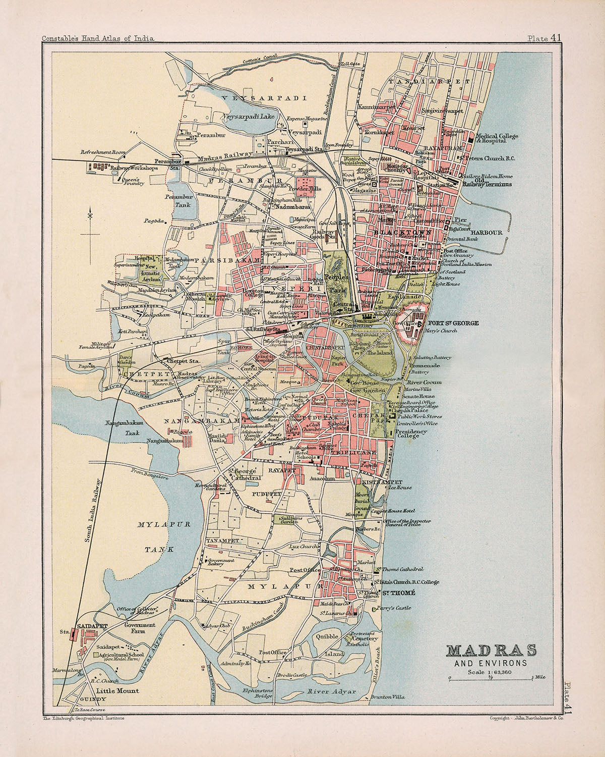 Mapa antiguo de Madrás, 1893: centro de la ciudad de Madrás, fuerte St. George, Marina Beach, parque nacional Guindy, templo de Mylapore