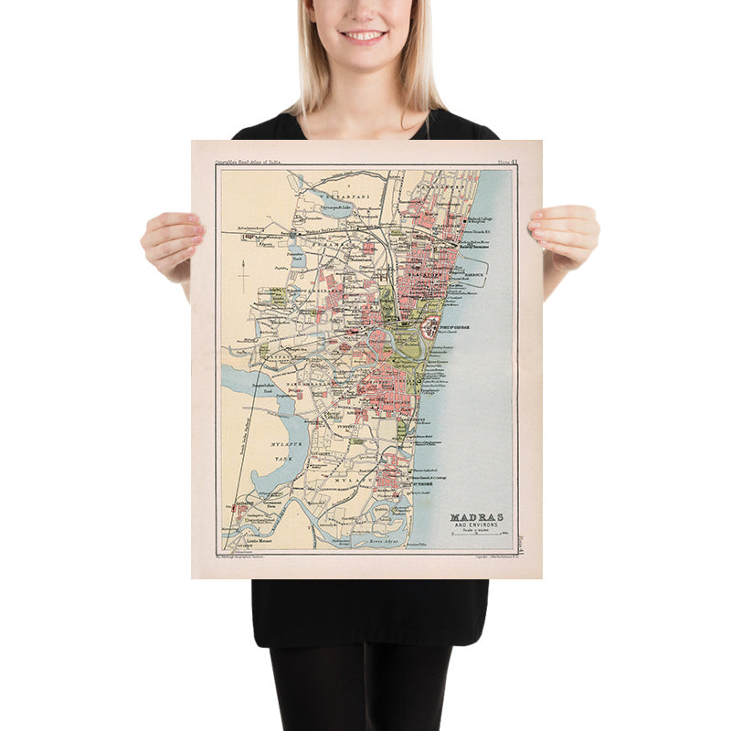 Vecchia mappa di Madras (Chennai), 1893: Centro città, Forte St. George, Spiaggia Marina, Tempio di Mylapore 