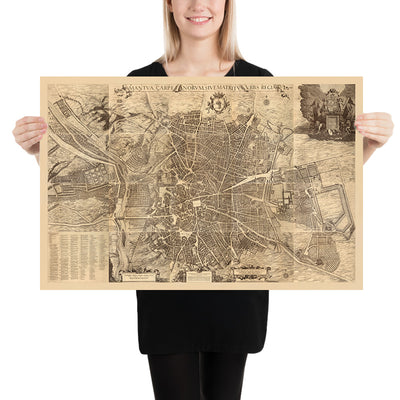 Ancienne carte de Madrid par Teixeira, 1656 : Plaza Mayor, Calle Mayor, Calle de Alcalá, grandes églises, couvents