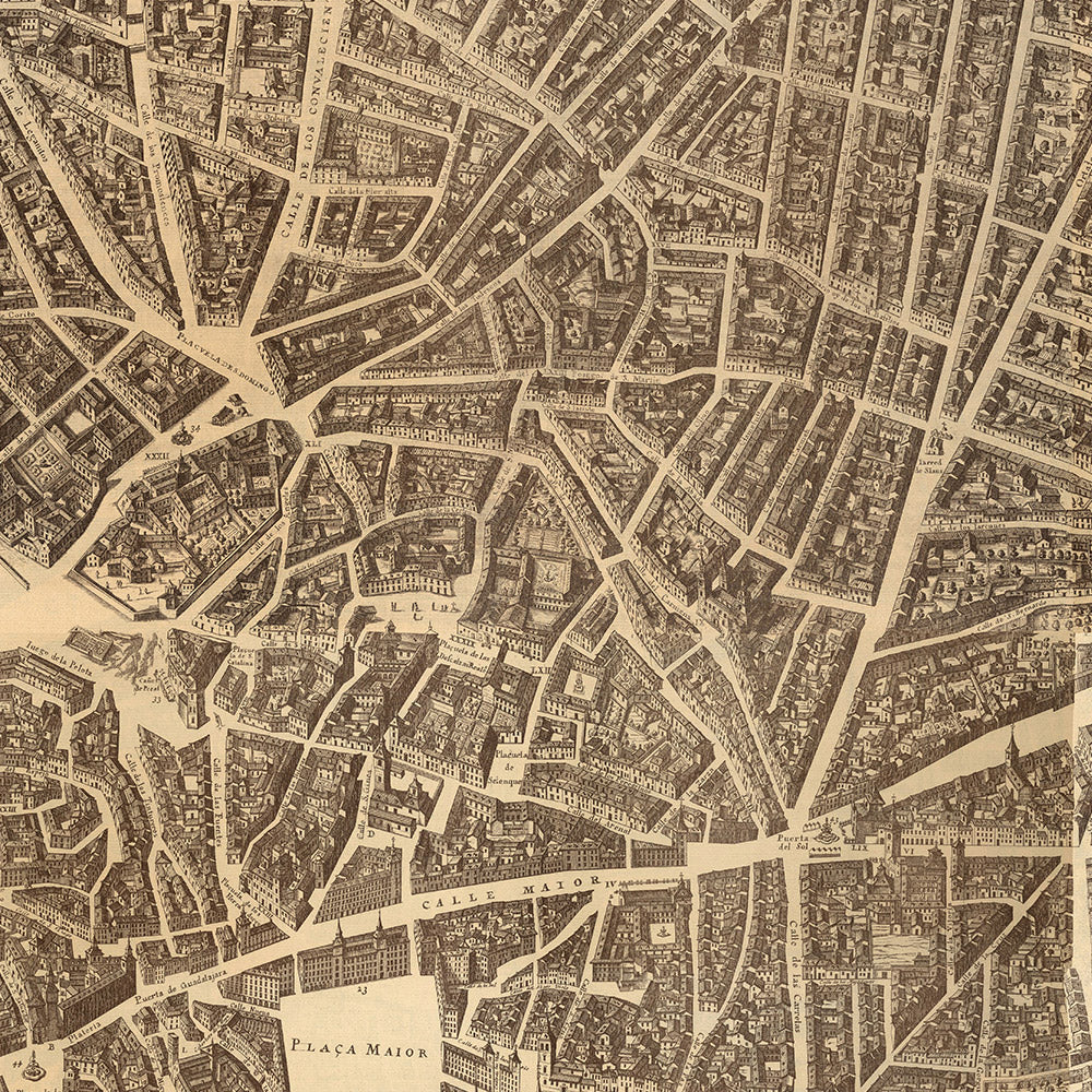 Mapa antiguo de Madrid de Teixeira, 1656: Plaza Mayor, Calle Mayor, Calle de Alcalá, Iglesias principales, Conventos