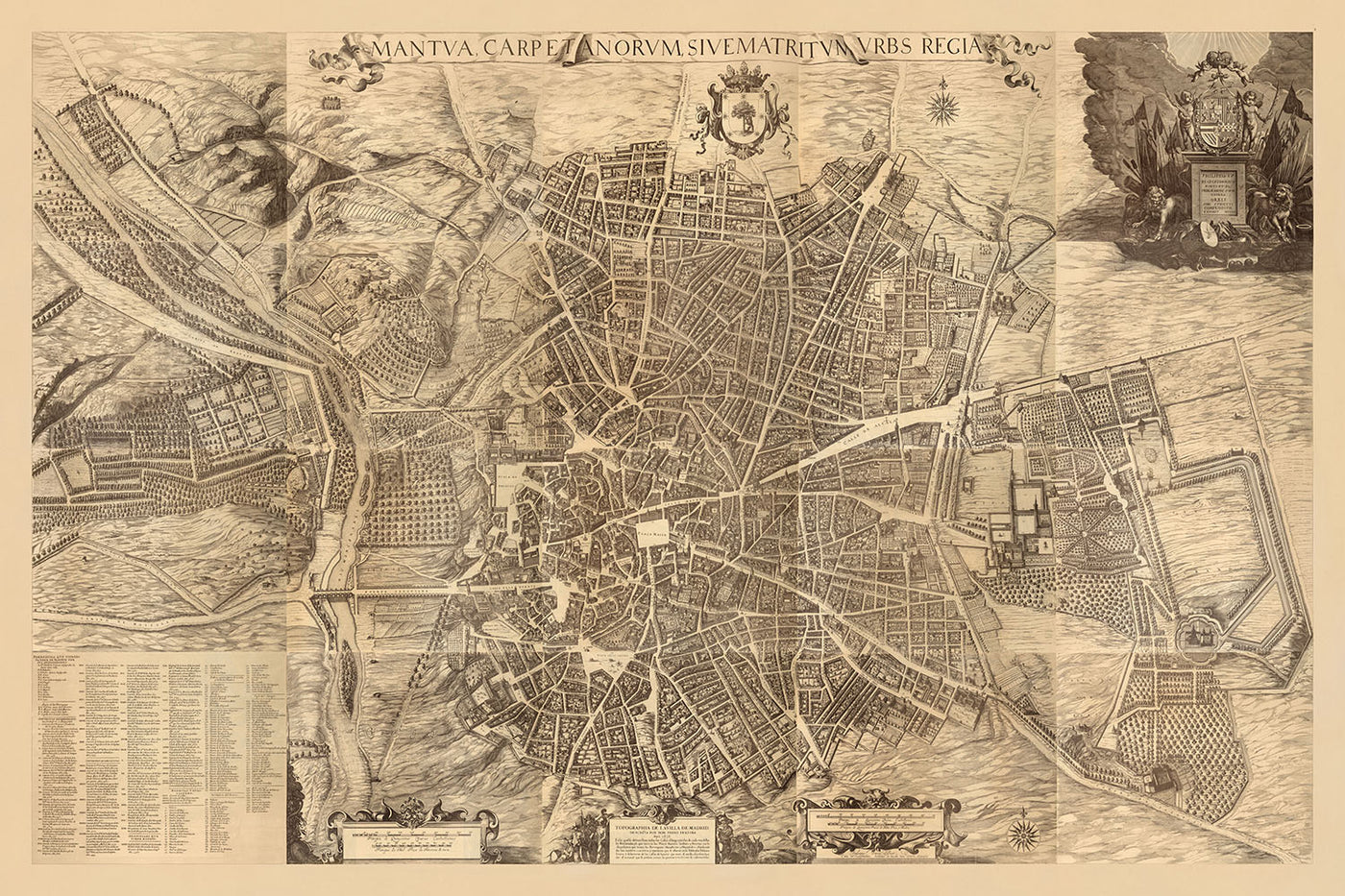 Rare Old Large Map of Madrid by Teixeira, 1656: Plaza Mayor, Calle Mayor, Calle de Alcalá, Major Churches, Convents