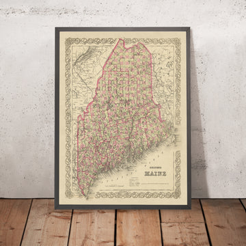 Alte Karte von Maine von J.H. Colton, 1855: Portland, Bangor, Augusta, Lewiston und Bath 