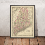 Mappa antica del Maine di J.H. Colton, 1855: Portland, Bangor, Augusta, Lewiston e Bath 