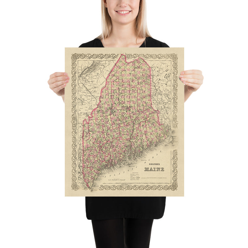 Mappa antica del Maine di J.H. Colton, 1855: Portland, Bangor, Augusta, Lewiston e Bath 
