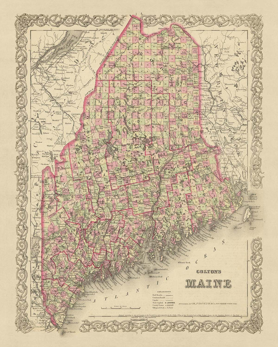 Mappa antica del Maine di J.H. Colton, 1855: Portland, Bangor, Augusta, Lewiston e Bath 