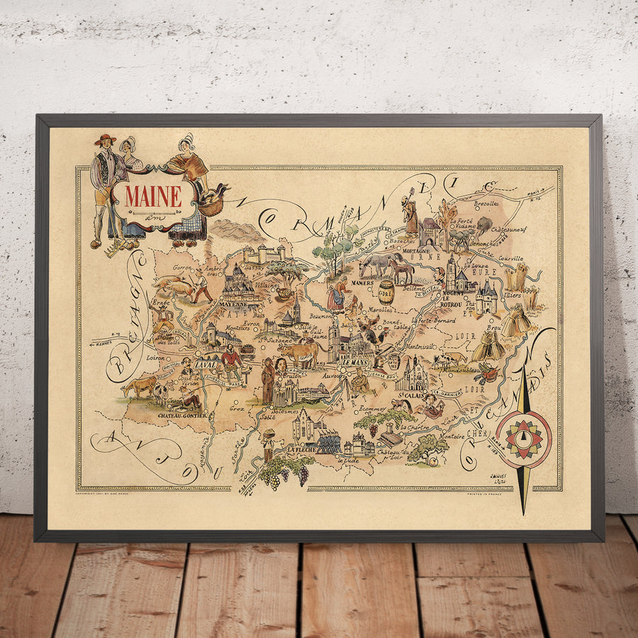 Antica mappa pittorica del Maine, Francia di Liozu, 1951: Le Mans, Laval, Château-Gontier, La Flèche, Mayenne 