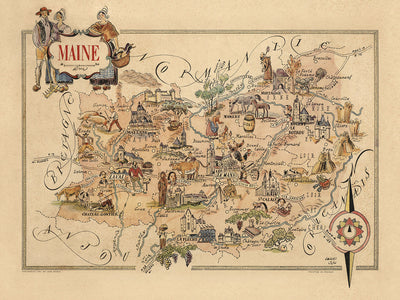 Old Pictorial Map of Maine, France by Liozu, 1951: Le Mans, Laval, Château-Gontier, La Flèche, Mayenne