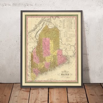 Alte Karte von Maine von HS Tanner, 1840: Portland, Augusta, Bangor und der Mount Katahdin 