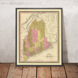 Alte Karte von Maine von HS Tanner, 1840: Portland, Augusta, Bangor und der Mount Katahdin 