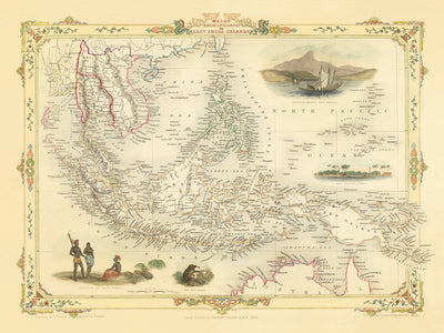 Ancienne carte de l'archipel malais par Tallis & Rapkin, 1851 : Bornéo, Java, Sumatra, Philippines, Nouvelle-Guinée