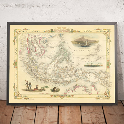 Mapa antiguo del archipiélago malayo de Tallis & Rapkin, 1851: Borneo, Java, Sumatra, Filipinas, Nueva Guinea